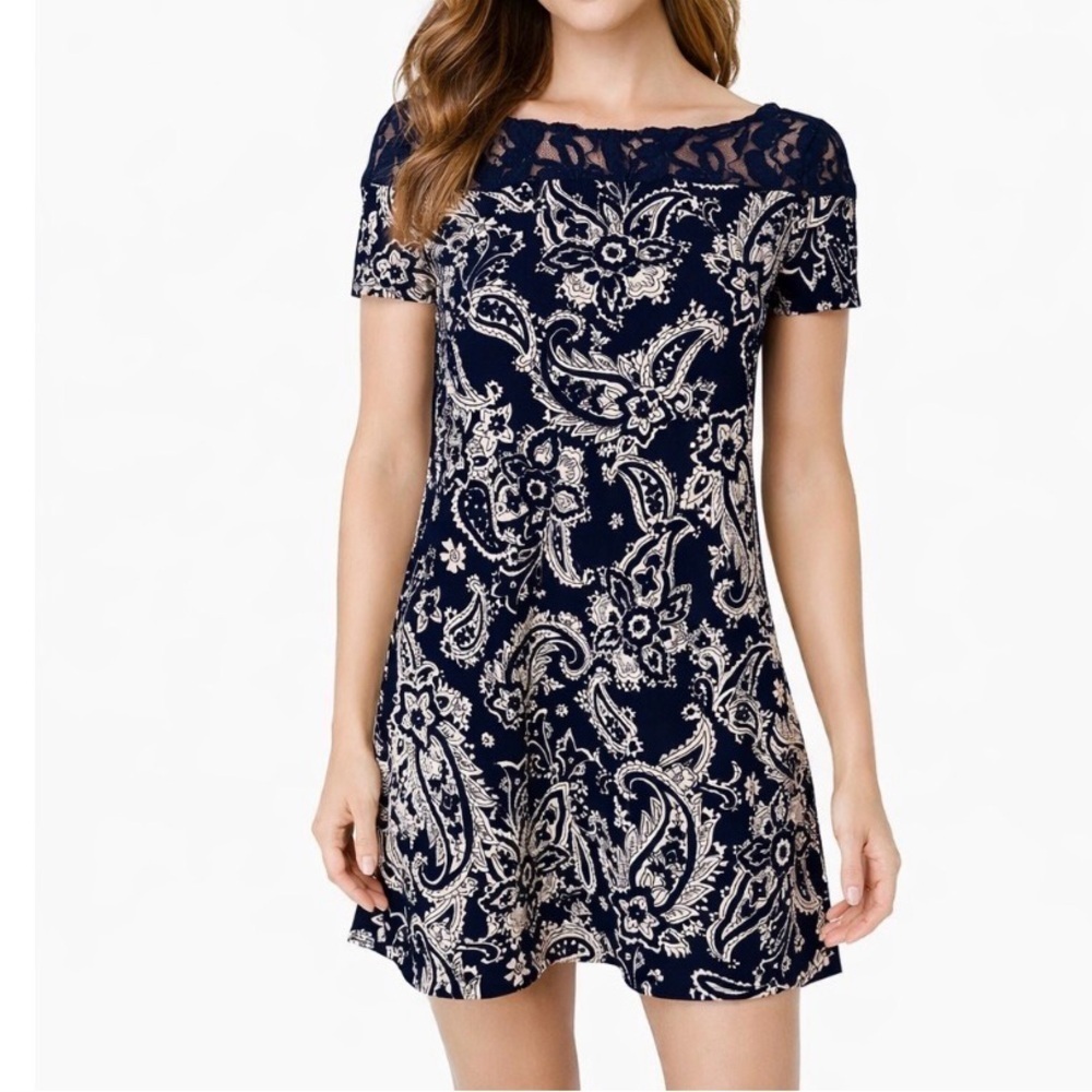 Stoosh dress black and white paisley print Lace trimmed square dress SZ Sm